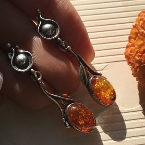 Genuine Baltic Amber Stud Earrings - 925 Sterling Silver
